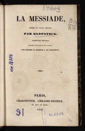 Klopstock, Friedrich Gottlieb ( 1724 - 1803). La messiade, poème en vingt chants