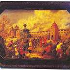 Фомичев И. А. "Оборона Троице-Сергиевой Лавры 1609 г." Шкатулка. Крышка. 1943. Мстёра