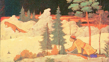 И. В. Маркичев. Охота на лису. Папье-маше, темпера, золото, лак. 1942